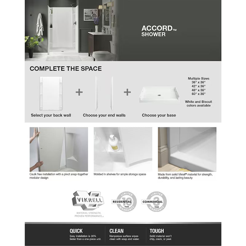 Accord 4 -Piece 36-In W X 48-In L X 74-In H Rectangle Alcove Shower Kit ( Center Drain) with Integrated Seat Base and Wall