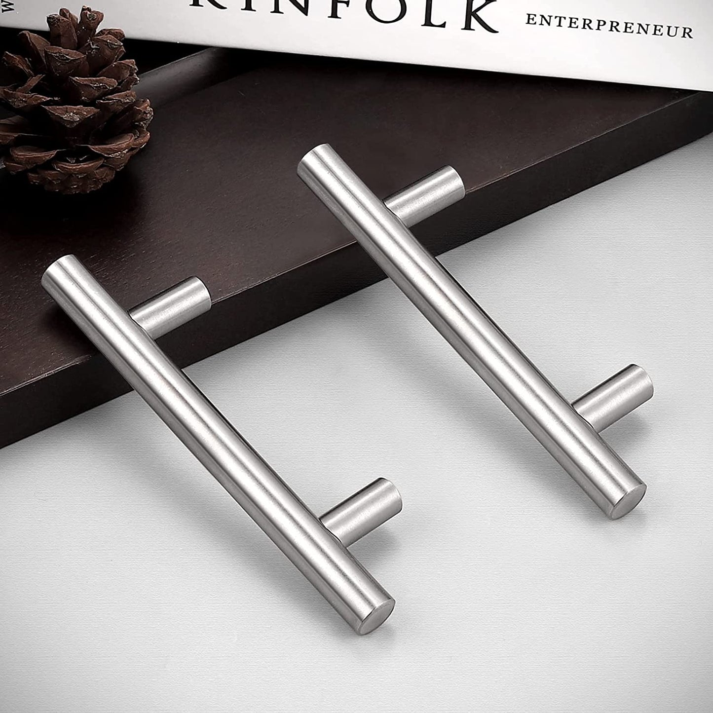 (30 Pack 3 Inch Hole Centers Kitchen Cabinet Handles Euro T Bar Cabinet Pulls Stainless Steel Kitchen Drawer Handles Brushed Nickel Furniture Dresser Cabinet Hardware, 5 Inch Total Length