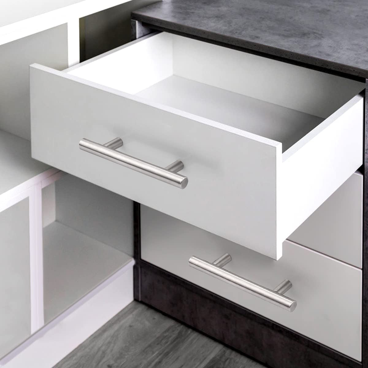 (30 Pack 3 Inch Hole Centers Kitchen Cabinet Handles Euro T Bar Cabinet Pulls Stainless Steel Kitchen Drawer Handles Brushed Nickel Furniture Dresser Cabinet Hardware, 5 Inch Total Length