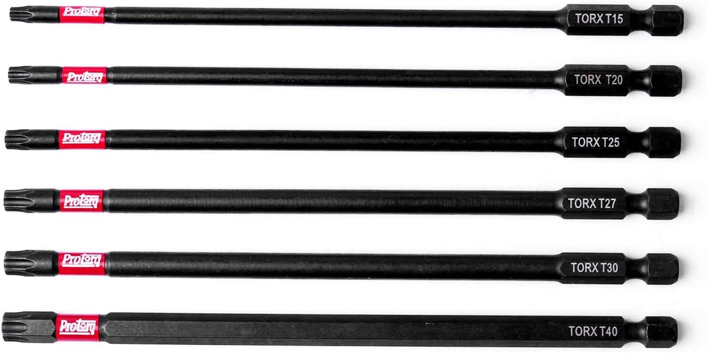 Long Impact Bit Set, T15-T40 TORX, 6-Inch Length, 6-Piece,Industrial Strength, 1/4" Hex Shank