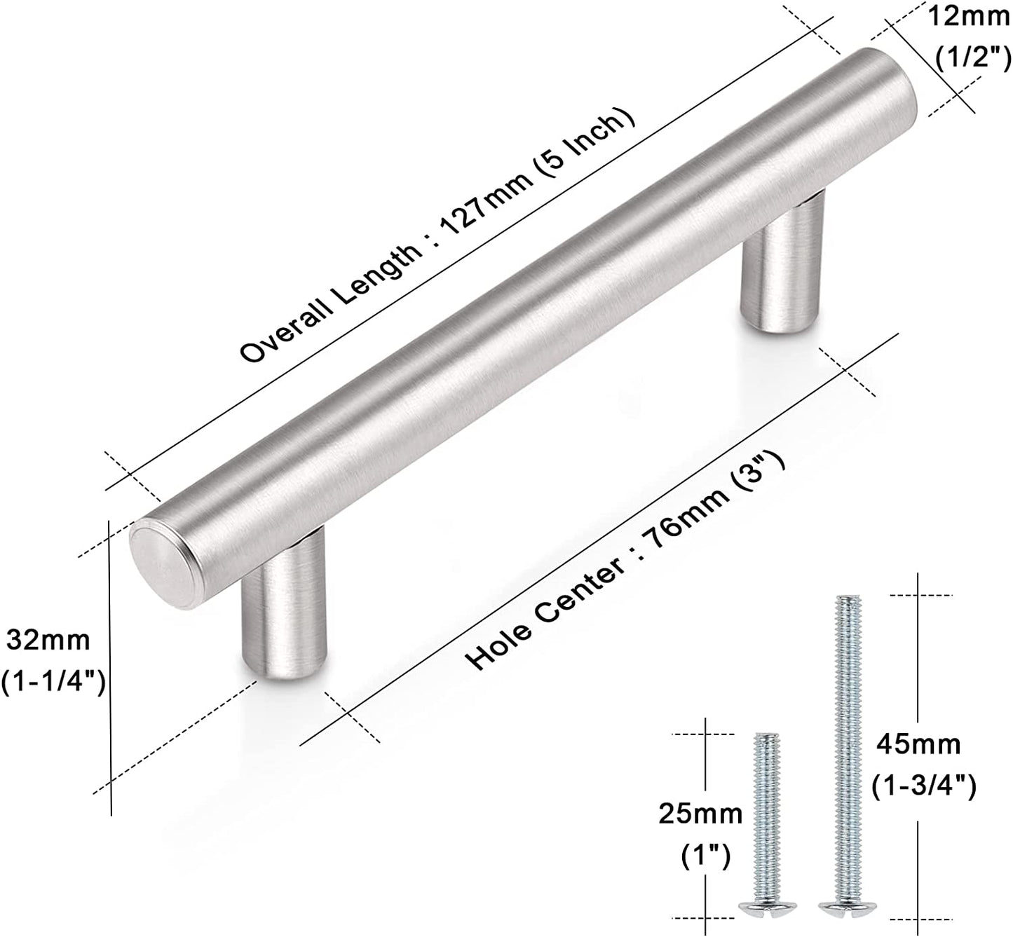 (30 Pack 3 Inch Hole Centers Kitchen Cabinet Handles Euro T Bar Cabinet Pulls Stainless Steel Kitchen Drawer Handles Brushed Nickel Furniture Dresser Cabinet Hardware, 5 Inch Total Length
