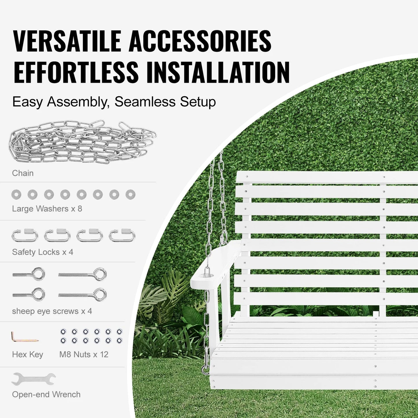 VEVOR Wooden Porch Swing 4 Ft, Patio Bench Swing for Courtyard & Garden, Upgraded 880 Lbs Strong Load Capacity, Heavy Duty Swing Chair Bench with Hanging Chains for Outdoors, White