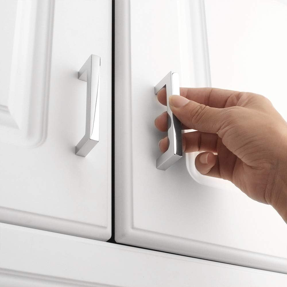 Solid Square Bar Cabinet Handle - Chrome Furniture Pull, 3 Inch/76Mm Screwhole Distance, 10-Pack for Kitchen Cupboard Door, Bedroom Dresser Drawer, Bathroom Wardrobe Hardware