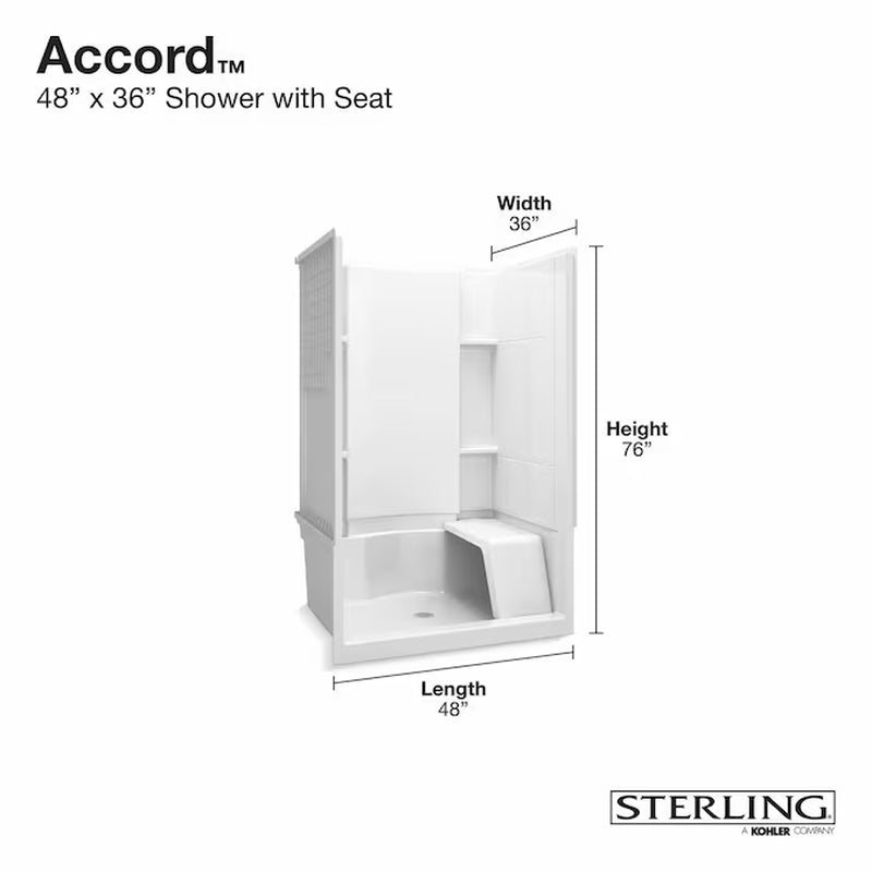 Accord 4 -Piece 36-In W X 48-In L X 74-In H Rectangle Alcove Shower Kit ( Center Drain) with Integrated Seat Base and Wall