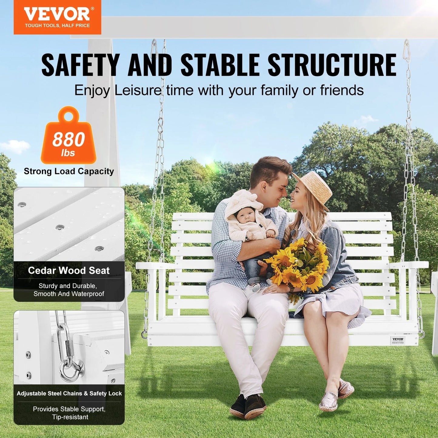 VEVOR Wooden Porch Swing 4 Ft, Patio Bench Swing for Courtyard & Garden, Upgraded 880 Lbs Strong Load Capacity, Heavy Duty Swing Chair Bench with Hanging Chains for Outdoors, White