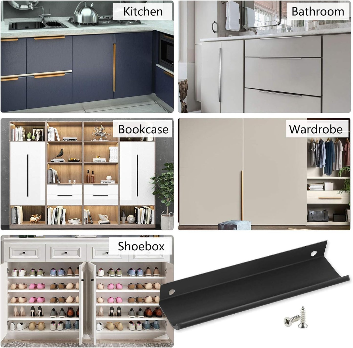Black Back Mount Finger Edge Pull 150Mm/5.9", Aluminum Hidden Handle Concealed Tab Pulls for Home Kitchen Living Room Door Drawer Cabinet (12Pcs)