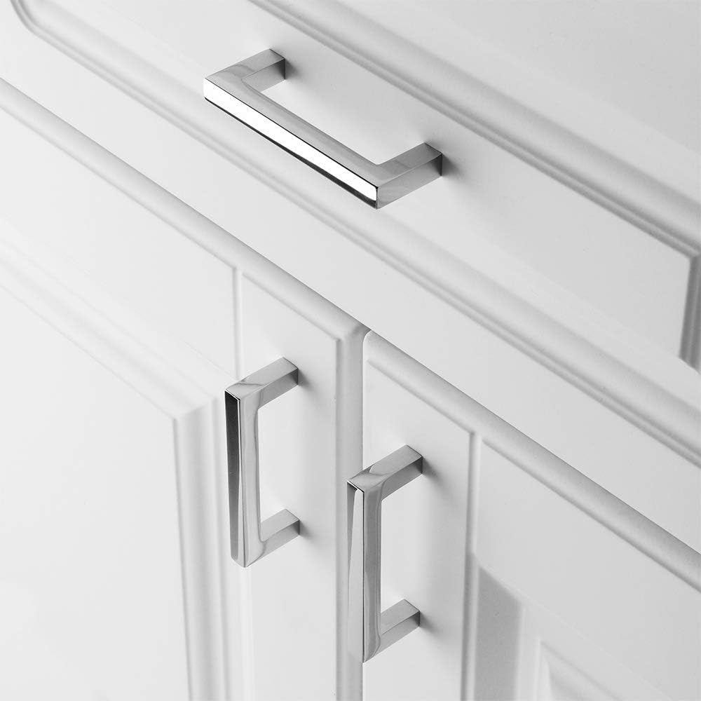 Solid Square Bar Cabinet Handle - Chrome Furniture Pull, 3 Inch/76Mm Screwhole Distance, 10-Pack for Kitchen Cupboard Door, Bedroom Dresser Drawer, Bathroom Wardrobe Hardware