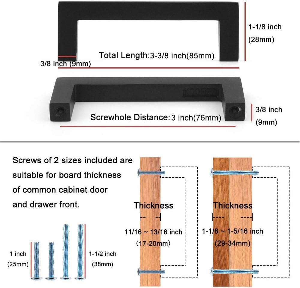 Solid Square Bar Cabinet Handle - Chrome Furniture Pull, 3 Inch/76Mm Screwhole Distance, 10-Pack for Kitchen Cupboard Door, Bedroom Dresser Drawer, Bathroom Wardrobe Hardware