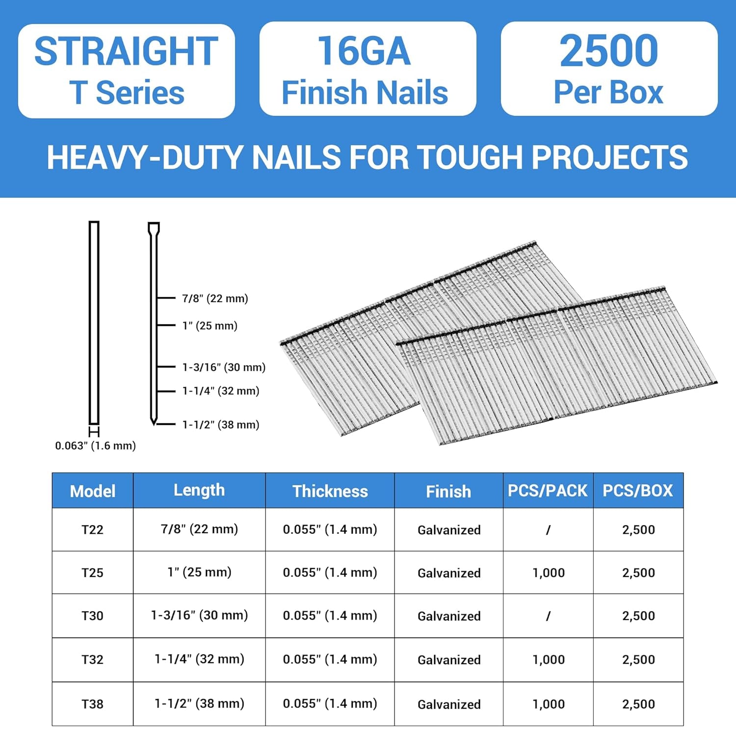 16 Gauge Finish Nails, 1-3/16-Inch Galvanized 16GA Finish Nails, Small Straight Finishing Nail for 16 Gauge Finish Nailer Guns (2,500 Counts)