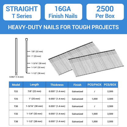 16 Gauge Finish Nails, 1-3/16-Inch Galvanized 16GA Finish Nails, Small Straight Finishing Nail for 16 Gauge Finish Nailer Guns (2,500 Counts)