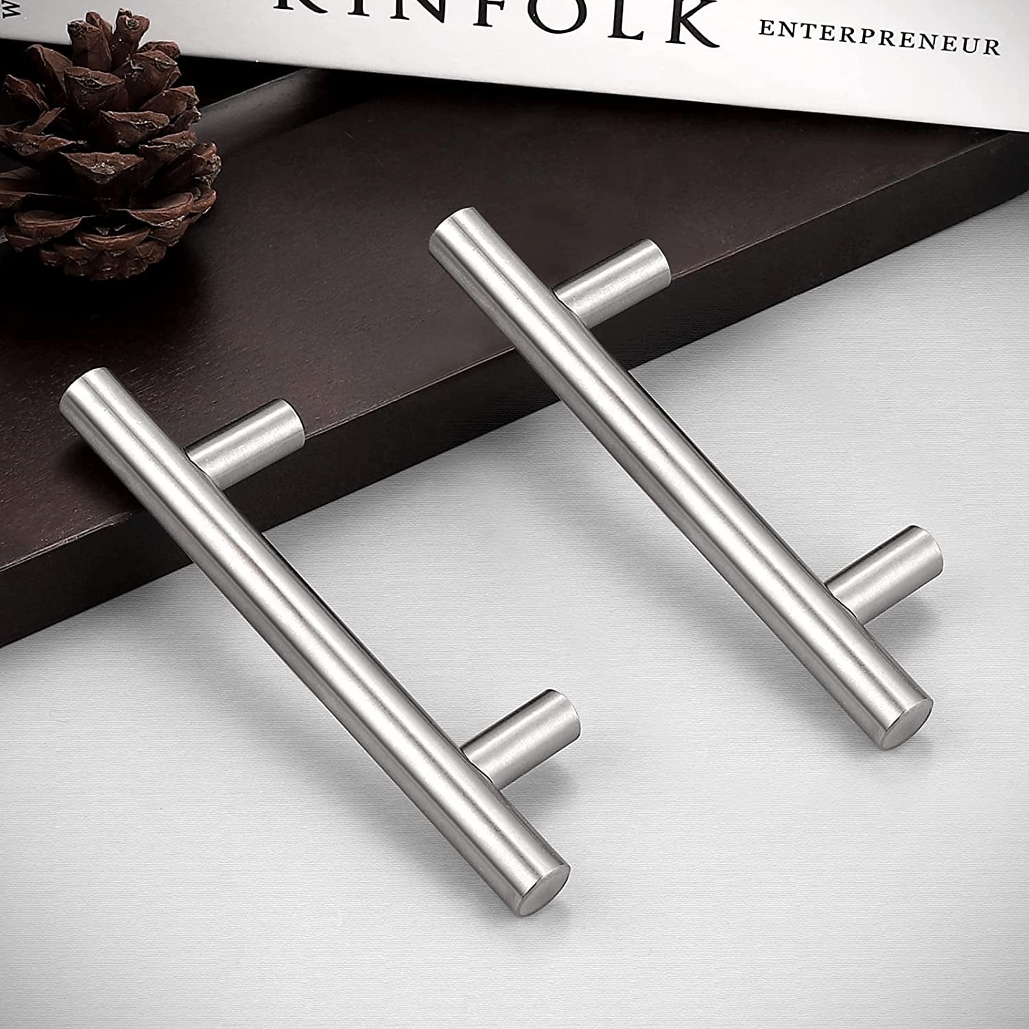 (30 Pack 3 Inch Hole Centers Kitchen Cabinet Handles Euro T Bar Cabinet Pulls Stainless Steel Kitchen Drawer Handles Brushed Nickel Furniture Dresser Cabinet Hardware, 5 Inch Total Length