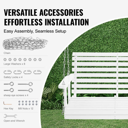 VEVOR Wooden Porch Swing 4 Ft, Patio Bench Swing for Courtyard & Garden, Upgraded 880 Lbs Strong Load Capacity, Heavy Duty Swing Chair Bench with Hanging Chains for Outdoors, White