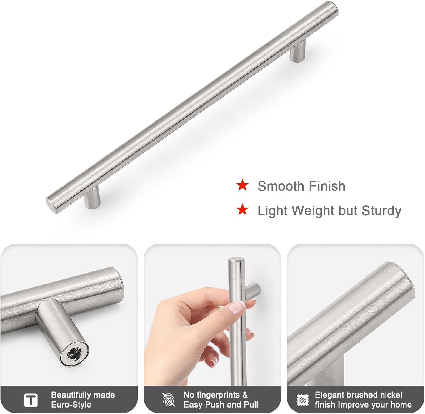 15 Pack 192Mm(7-1/2Inch) Hole Centers Brushed Nickel Cabinet Handles Stainless Steel Kitchen Drawer Pulls T Bar Euro Dresser Pull Handle Length 256Mm(10Inch)