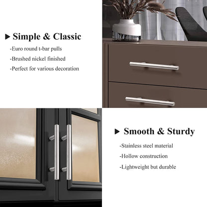 (30 Pack 3 Inch Hole Centers Kitchen Cabinet Handles Euro T Bar Cabinet Pulls Stainless Steel Kitchen Drawer Handles Brushed Nickel Furniture Dresser Cabinet Hardware, 5 Inch Total Length