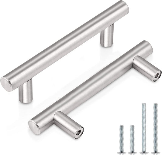 (30 Pack 3 Inch Hole Centers Kitchen Cabinet Handles Euro T Bar Cabinet Pulls Stainless Steel Kitchen Drawer Handles Brushed Nickel Furniture Dresser Cabinet Hardware, 5 Inch Total Length