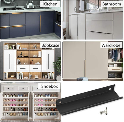 Black Back Mount Finger Edge Pull 150Mm/5.9", Aluminum Hidden Handle Concealed Tab Pulls for Home Kitchen Living Room Door Drawer Cabinet (12Pcs)