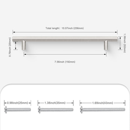 15 Pack 192Mm(7-1/2Inch) Hole Centers Brushed Nickel Cabinet Handles Stainless Steel Kitchen Drawer Pulls T Bar Euro Dresser Pull Handle Length 256Mm(10Inch)