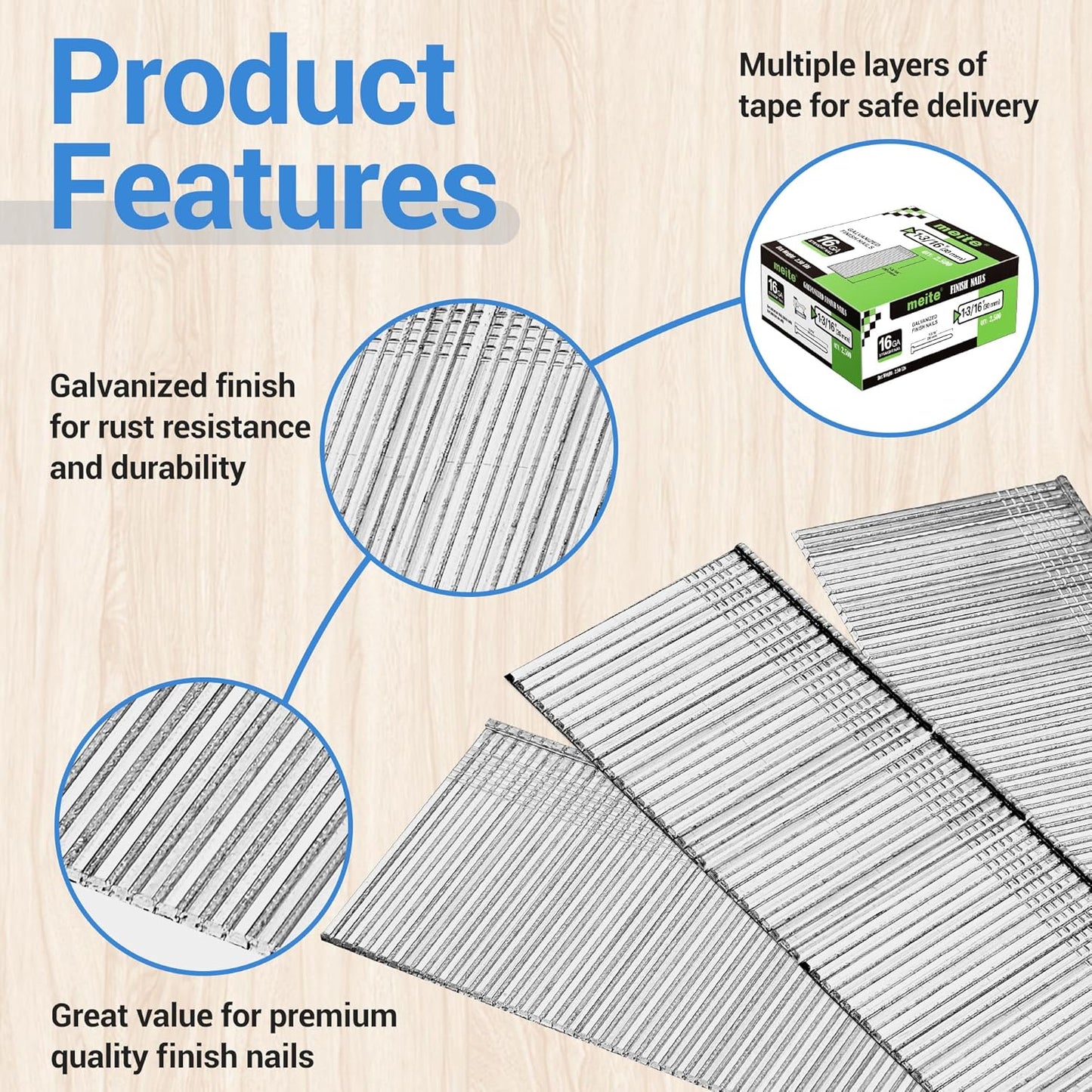 16 Gauge Finish Nails, 1-3/16-Inch Galvanized 16GA Finish Nails, Small Straight Finishing Nail for 16 Gauge Finish Nailer Guns (2,500 Counts)