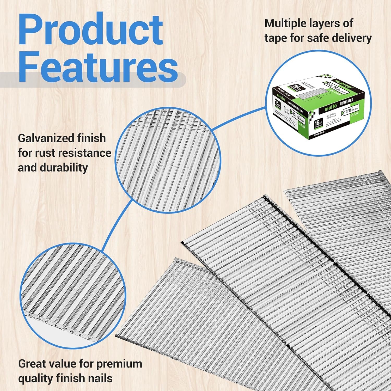 16 Gauge Finish Nails, 1-3/16-Inch Galvanized 16GA Finish Nails, Small Straight Finishing Nail for 16 Gauge Finish Nailer Guns (2,500 Counts)