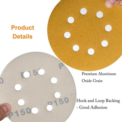5-Inch 8-Hole Hook and Loop Sanding Discs 150-Grit Random Orbit Sandpaper, 100-Pack